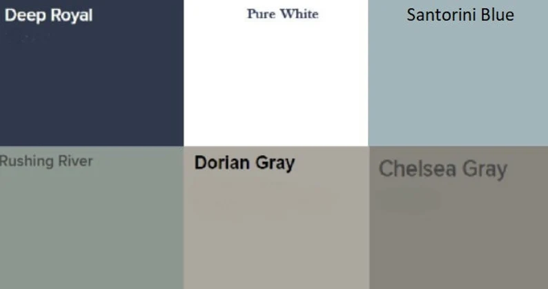 [4:14 PM] Alyssa Harp Color options: Deep Royal, Pure White, Santorini Blue, Rushing River, Dorlan Gray, Chelsea Gray
